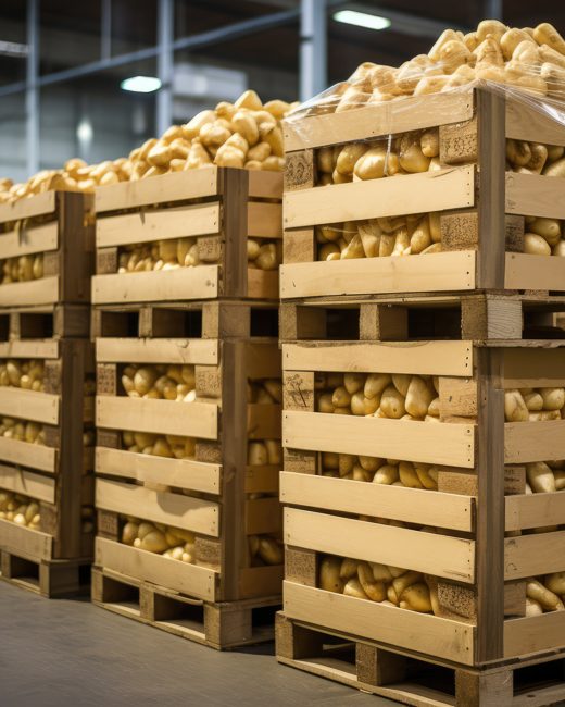 Crates of stored produce in a storage hall